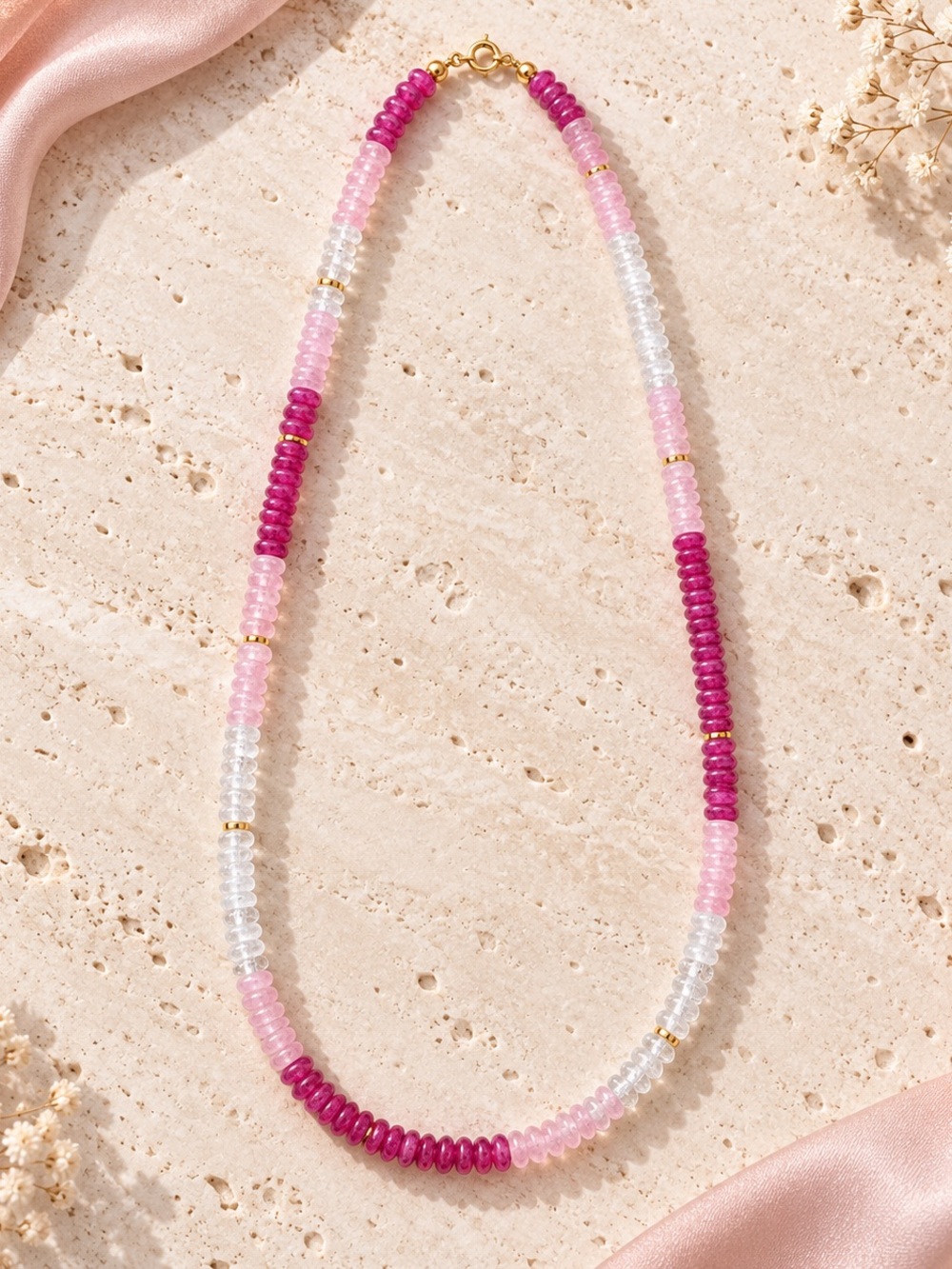 Beaded Pink Gradient Necklace with Gold Accents